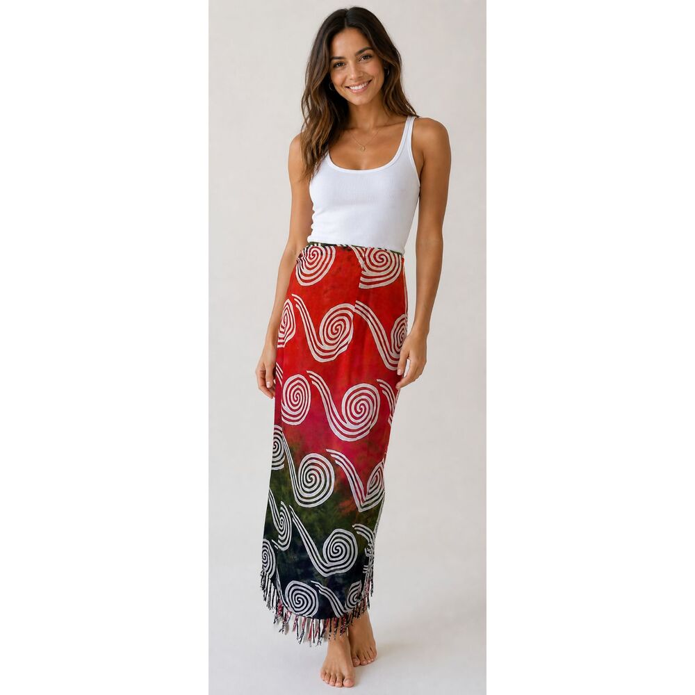 New GEE GEE M L Green Orange Cream Circle Swirl Batik Wrap Sarong Skirt Cover-Up